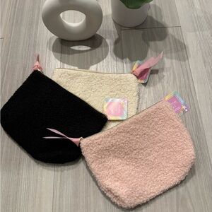 BRAND NEW WITH TAGS - 3 Faux Fur Cosmetic Bags in Black, Cream, and Pink